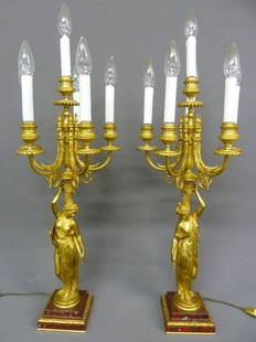 Signed F.Barbedienne Pair of Quality Bronze Fire Gilt: Signed F.Barbedienne Pair of Quality Bronze Fire Gilt Candelabra with Woman Holding Five Candles - height of Bronze 25" height with candletop 29 " width 11" - great condition