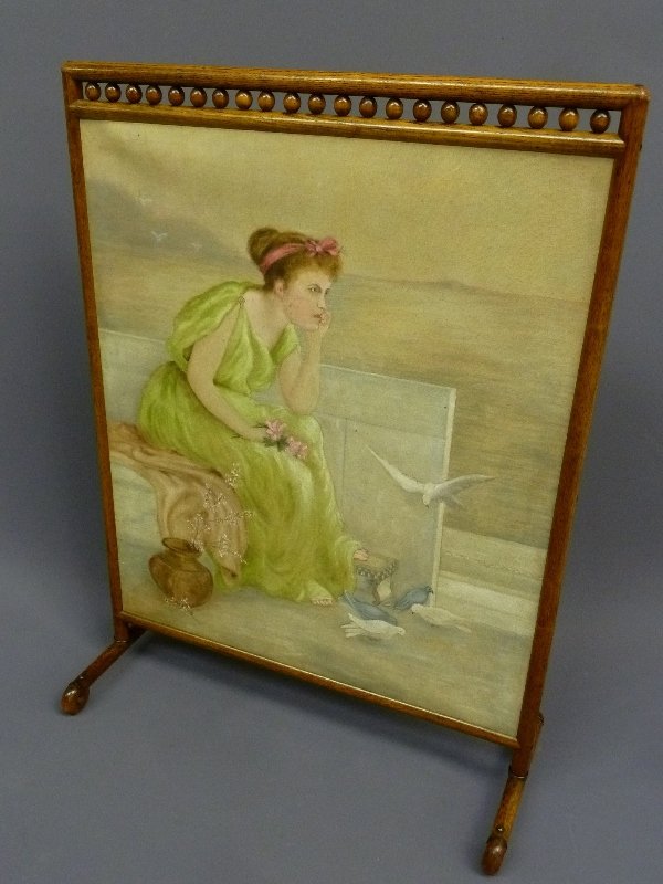 American Circa 1890 Oak Fire Screen with Hand Painted: American Circa 1890 Oak Fire Screen with Hand Painted Scene on Canvas of Woman in Contemplation - h 35" w 25" - found in John H. Knapp house Menomonie WI. - good condition