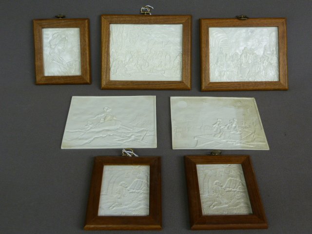 7 LITHOPANE PANELS, FOUR 6 1/2" X 5 1/4" size without: 7 LITHOPANE PANELS, FOUR 6 1/2" X 5 1/4" size without frames, 1 as is - THREE about 4" x 3 1/2" size without the frames- some signed PD on the back