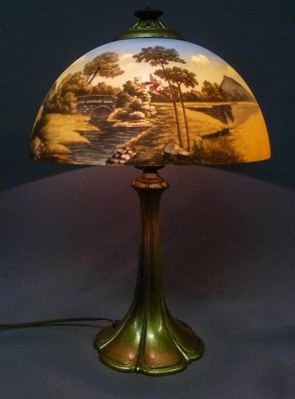 Signed Miller Lamp Co. Reverse Painted 1920's Antique: Signed Miller Lamp Co. Reverse Painted 1920's Antique Table Lamp with Landscape Scene of Stream, House and Bridge. Height 21" dia. 14" - shade has no chips..