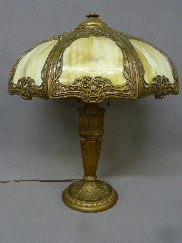 Ornate American 1920's 8 Panel Carmel Slag Glass Table: Ornate American 1920's 8 Panel Carmel Slag Glass Table Lamp - height 24" dia. 18" - good old condition .