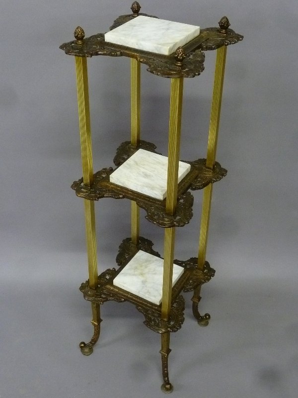 Circa 1920 Brass and Patinated Cast Metal Three Tier: Circa 1920 Brass and Patinated Cast Metal Three Tier Marble Top Stand -height 41" width 13" x 13" - good old condition