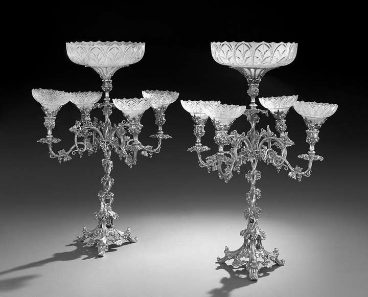 Circa 1875 Quality Pair of Victorian Silverplate: Circa 1875 Quality Pair of Victorian Silverplate Epergnes/Candelabra , by Pryor Tyzak & Co., Sheffield, with later bobeche fittings to convert the candelabra into epergne, h. 22-3/4", w. 17" (with epe