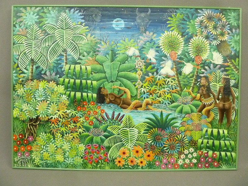 Unique Primitive style oil on canvas Landscape with: Unique Primitive style oil on canvas Landscape with nudes Signed "Alphadio Mars dated 1992 - DA KAR" height 25" width 36" - good condition