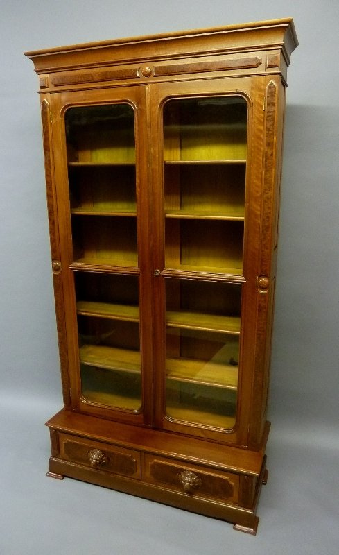 Circa 1870's American Burl Walnut Two Door: Circa 1870's American Burl Walnut Two Door Bookcase/Curio with Two Drawers Below having Lion Faces - height 91" width 46" depth 18"