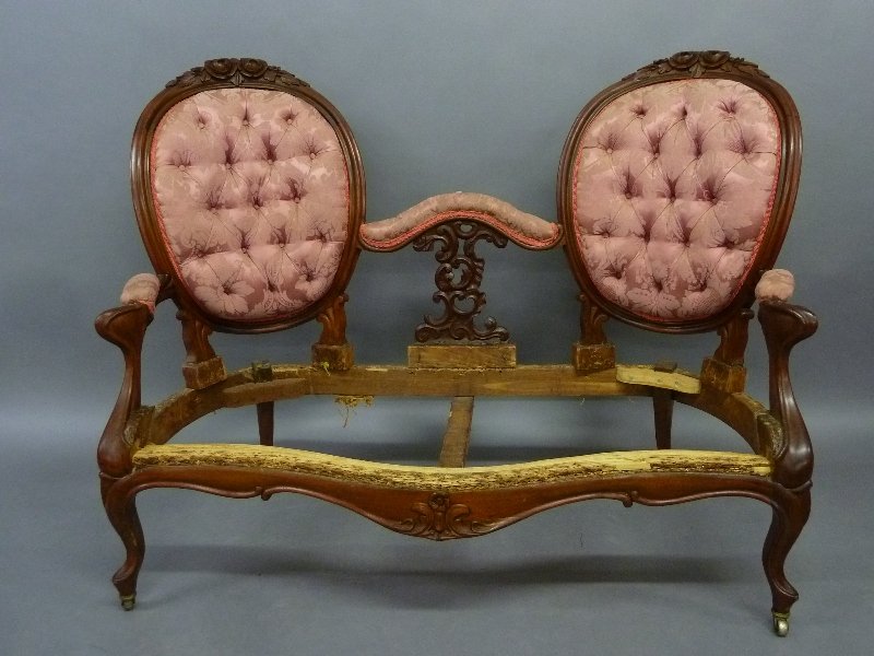 American Circa 1850's Rare Walnut Double Chair Back: American Circa 1850's Rare Walnut Double Chair Back Settee with Floral Cresting - height 42" width 56" - found in Rochester MN. Estate - the frame has been all reglued ready for new upholstery.