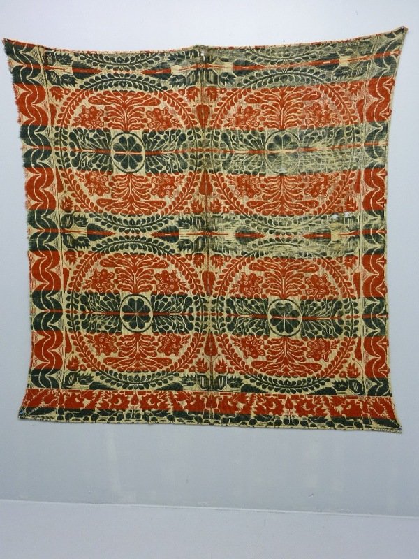 Early 19th Century Hand Woven Linsey Woolsey Coverlet: Early 19th Century Hand Woven Linsey Woolsey Coverlet Signed in the Corner - 80" X 77" - in red and beige Circa 1850's - condition ,some holes