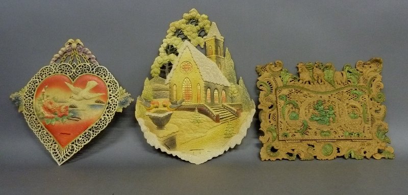 Three large Color Die Cut scenes: 1st Marked "Made in: Three large Color Die Cut scenes: 1st Marked "Made in Czechoslovakia 17"x18" Valetine with Dove and letter: 2nd: Marked "Made in West Germany" Cardboard Die Cut Church Scene.21" X 16":3rd Die Cut Wall