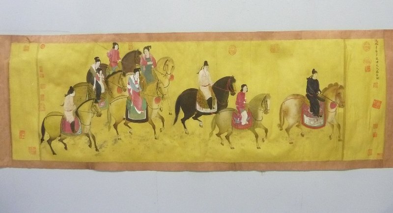 Hand Painted on Linen Scene of Chinese Family on: Hand Painted on Linen Scene of Chinese Family on Horses- many markings on linen scroll - overall 86" x 24" linen size - 67" x 21"-Marked on cloth case (Feng Ke-min and Zhao Zhong-gin, Institure of Wil