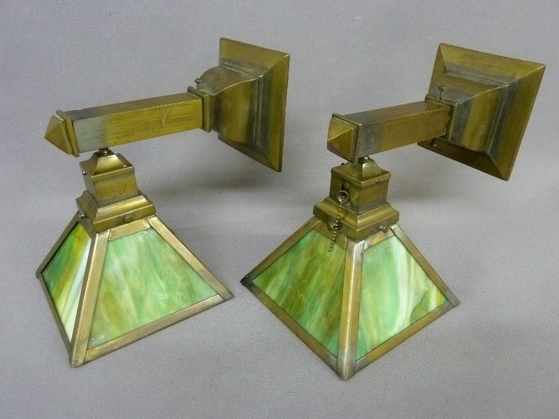Circa 1920 High Quality Brass Slag Glass Wall Sconces: Circa 1920 High Quality Brass Slag Glass Wall Sconces with double layer glass - green on the outside and white on the inside - projection from wall 10.5" height 10" shades 7" x 7" - good condition.
