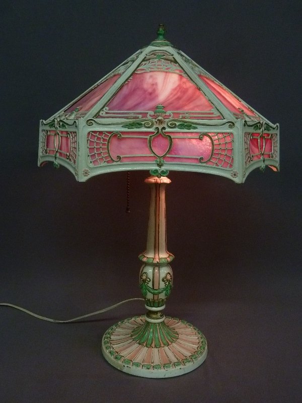Circa 1920's Signed Pittsburgh Lamp Co. Paint Decorated: Circa 1920's Signed Pittsburgh Lamp Co. Paint Decorated Slag Glass Table Lamp with unique color - height 21.5" dia. 14" - good working condition