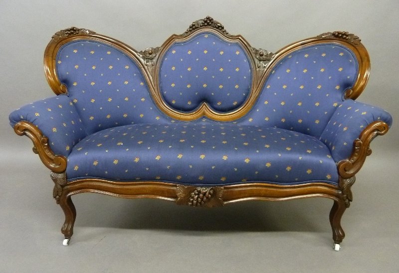 American Circa 1865 Inverted Heart Grape and Leaf: American Circa 1865 Inverted Heart Grape and Leaf Carved Loveseat with wonderful grape cluster on the front apron - height 39" width 60" depth 29" - great condition with reupholster 10 years ago - fou
