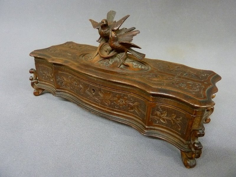 19th Century Carved Black Forest wooden lift top: 19th Century Carved Black Forest wooden lift top Jewelry Casket with Birds. Nest and Eggs - width 14" depth 5" height 8" - good condition