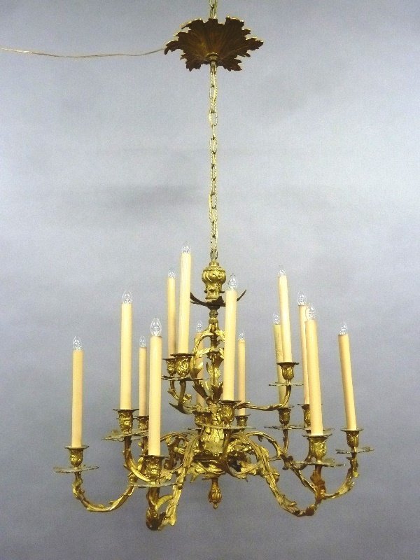19th Century Solid Brass 15 Arm French Rococo: 19th Century Solid Brass 15 Arm French Rococo Style Chandelier, Drilled for wires after candles - height 47" dia. 30" - purchased from Rita Mayo of Mayowood Gallery Rochester Mn in 1988 - good conditi
