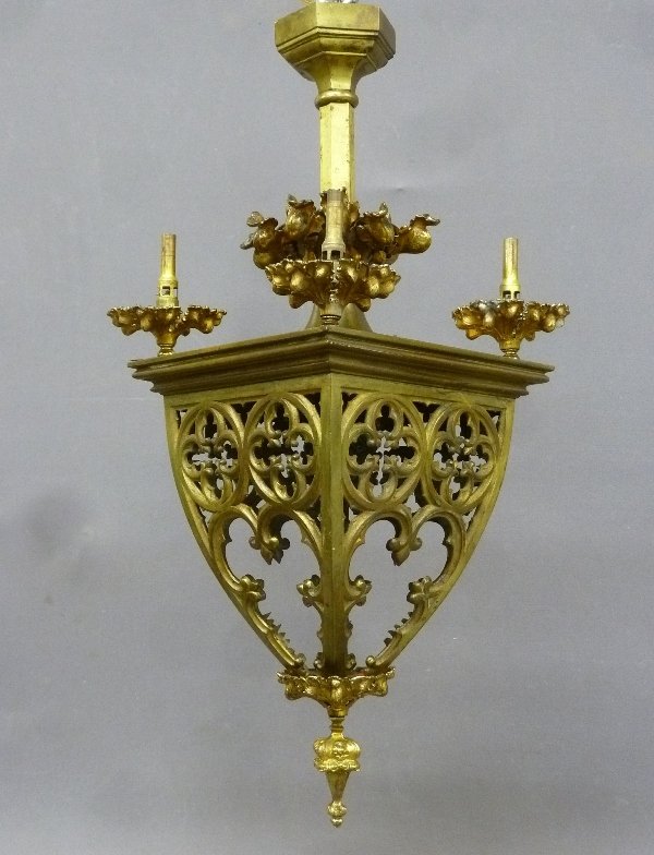 19th Century Solid Cast Brass Gothic Hall Light with: 19th Century Solid Cast Brass Gothic Hall Light with Gas & some added Electric - height 25" width 15" - good solid condition.