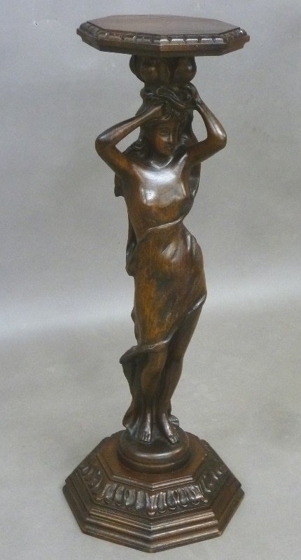 Circa 1920's Carved Walnut  Woman Plant or Lamp Stand - (1 of 2)