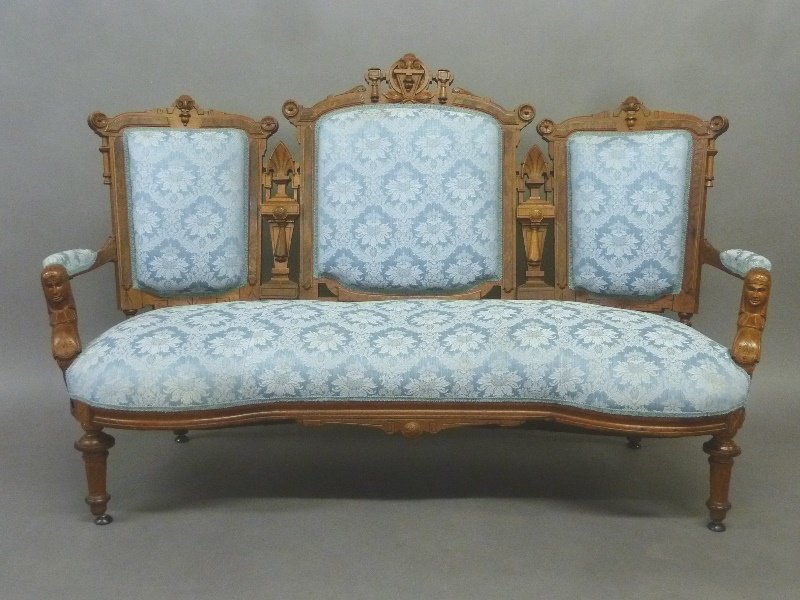 American Circa 1870's John Jelliff Loveseat with: American Circa 1870's John Jelliff Loveseat with Egyptian Heads on arms and burl walnut decorated cresting - height 44" width 72" depth 32" - purchased in Central ILL . By the owners father in 1938.