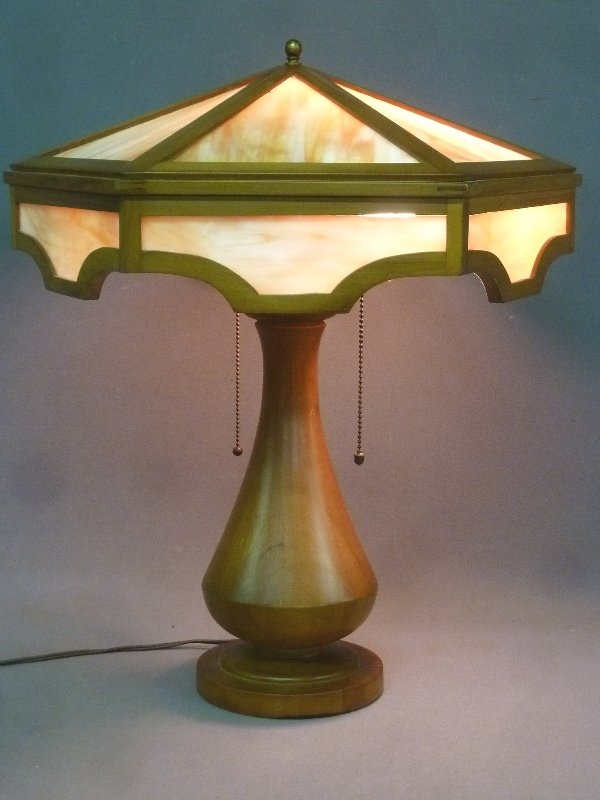 Circa 1920's Carmel Slag Glass Wooden Table Lamp with (1 of 3)