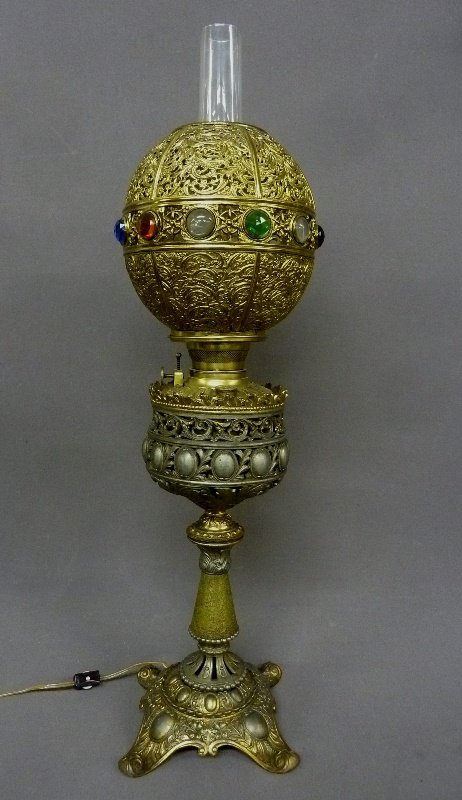 Circa 1880's Unusual Oil Banquet Lamp with Glass Jewels (1 of 6)