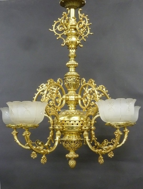 Circa 1880's 5 Arm Gas Chandelier with Antique Gas (1 of 4)