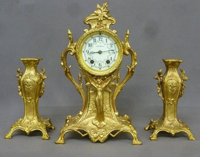 C 1900 Signed Seth Thomas 3 piece Cast Metal Gilded (1 of 5)