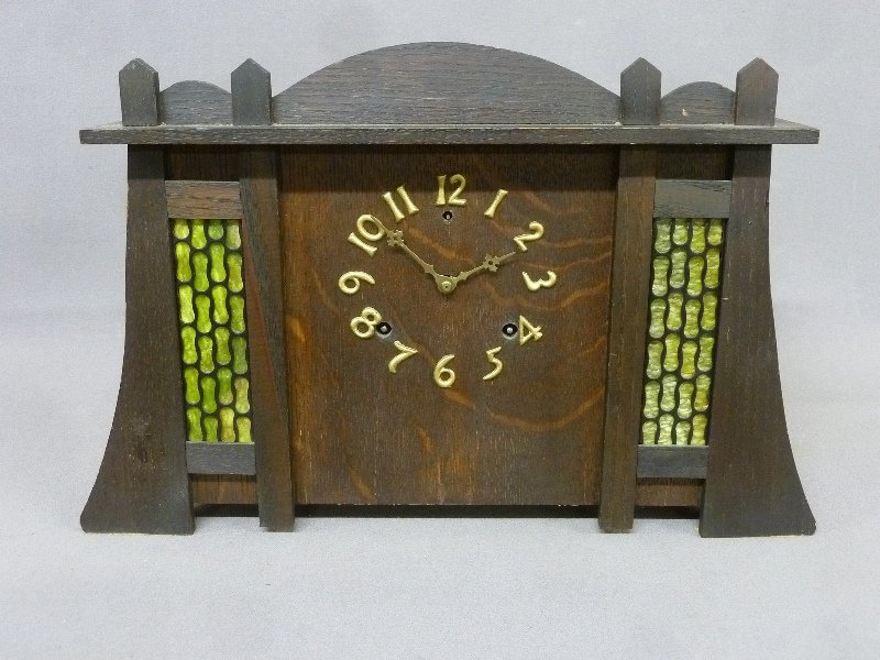 Unique Oak Mission Style Clock Signed Glibert Clock Co.: Unique Oak Mission Style Clock Signed Glibert Clock Co. (Delano) Circa 1910 - width 20" height 13" depth 6" - good running condtion, has key. Found in Red Wing estate.