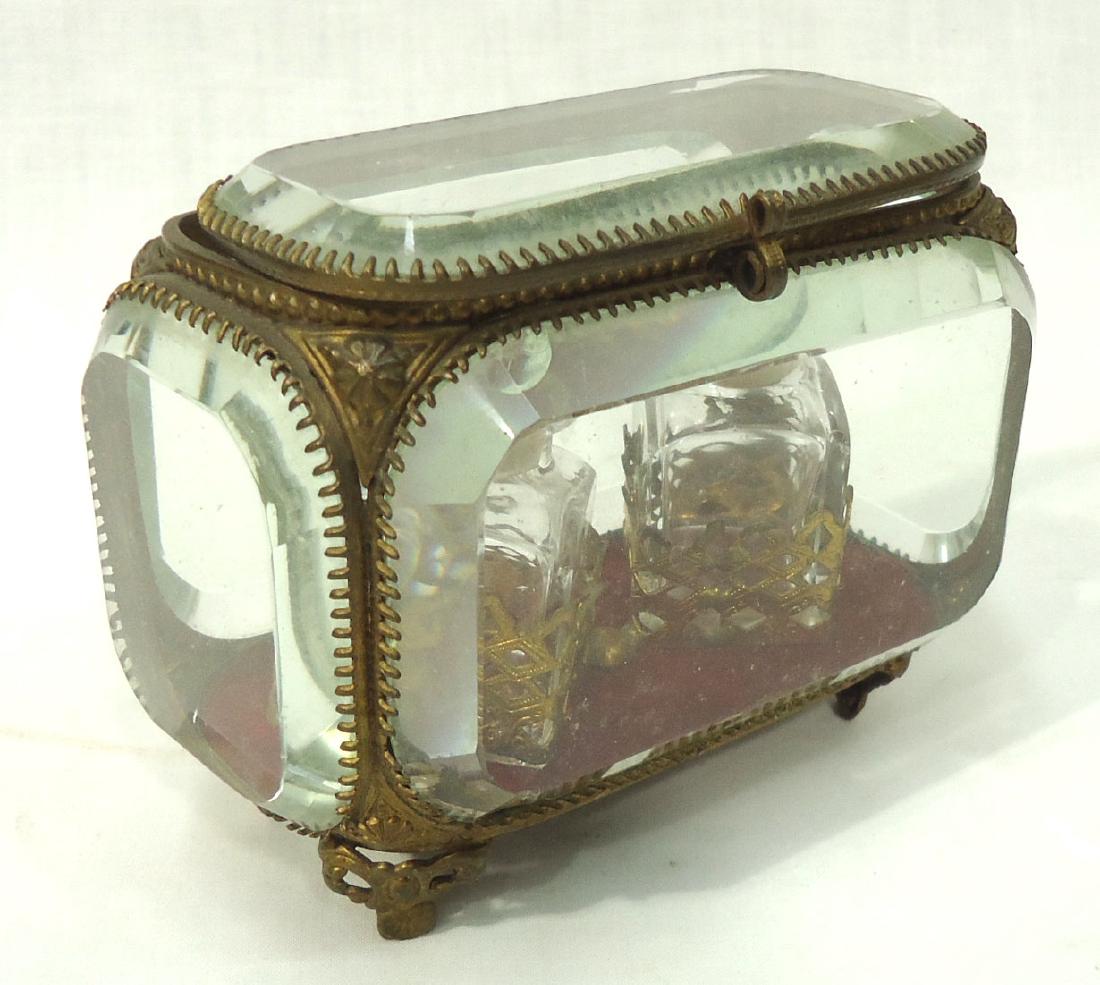Brass & Beveled Glass Perfume Casket: Contains 2 Bottles 3 1/4"T x 3 1/2"L. 2" Bottles