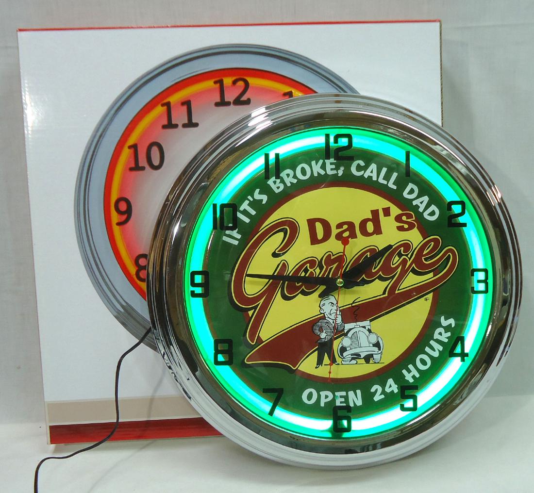 Modern "Dad's Garage" Neon Clock NIB (1 of 3)