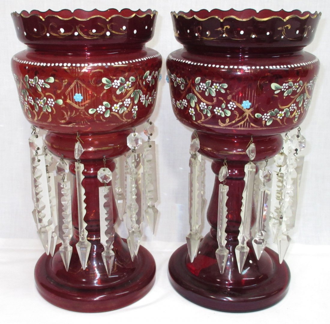 Pr. Enameled Cranberry Mantle Lusters: 14"T x 7"S
