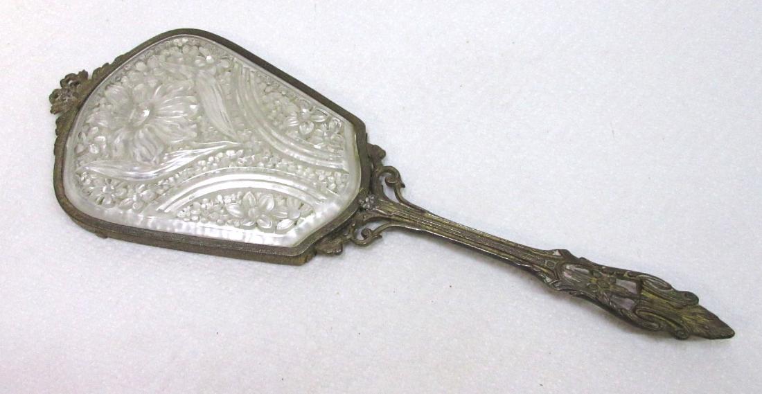 Ornate Brass & Glass Hand Mirror: 13 1/2"L x 5"W