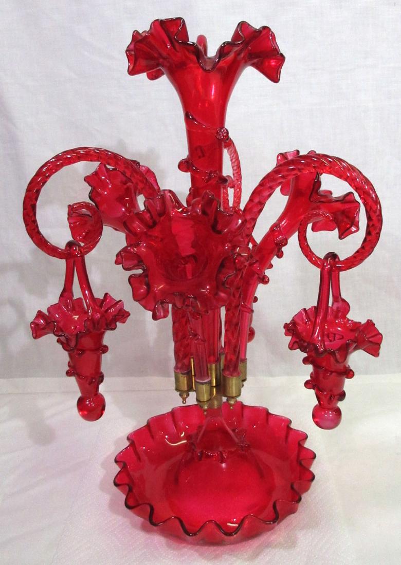 Modern Ruby Glass Epergne: 22"T x 20"W