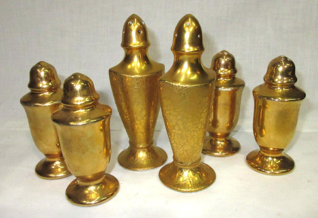 6 Gold Enameled Salt & Peppers: 2 sets 4"t, others 5 1/4"t