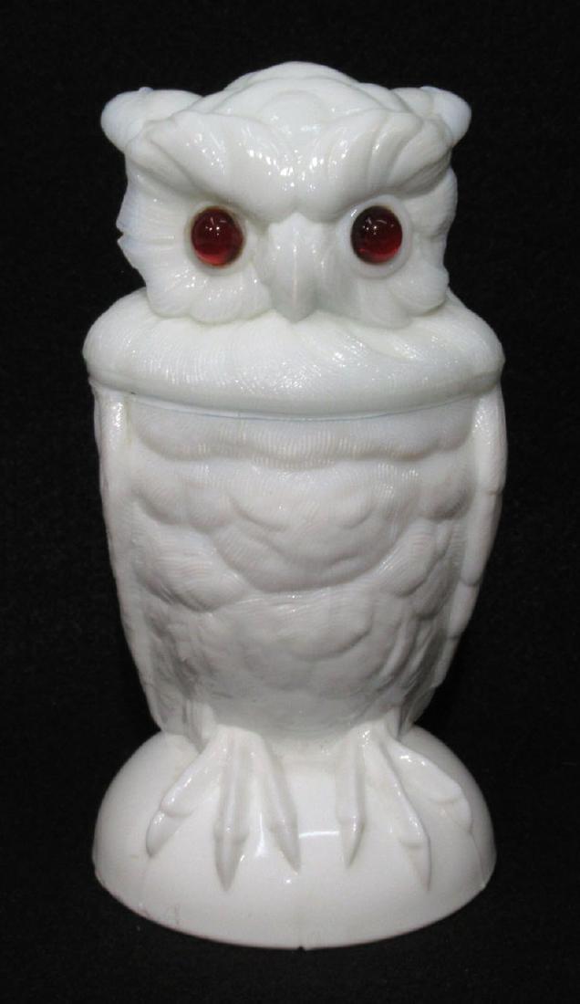 Early Milk Glass Owl Jar: 6 1/2"T , Glass Eyes