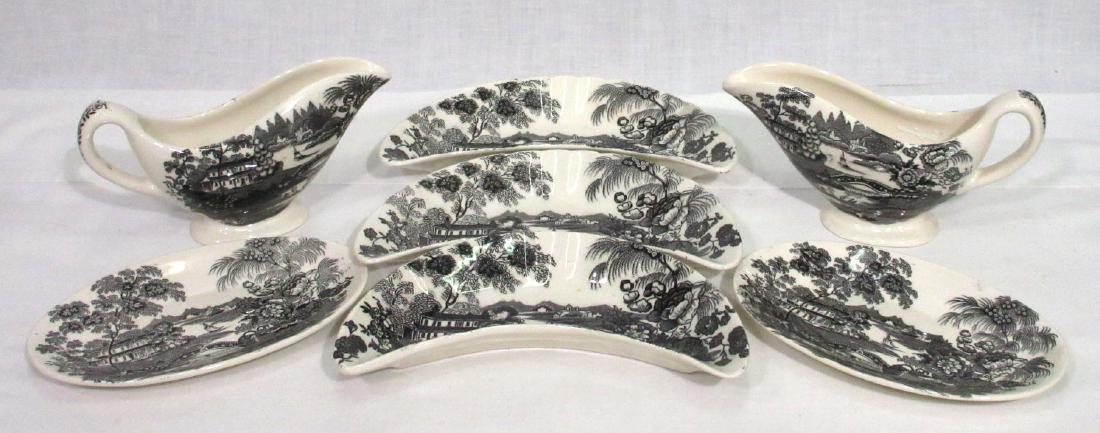 7pc Clarice Cliff Transferware: 3 bone plates, 2 sauce w/ plates