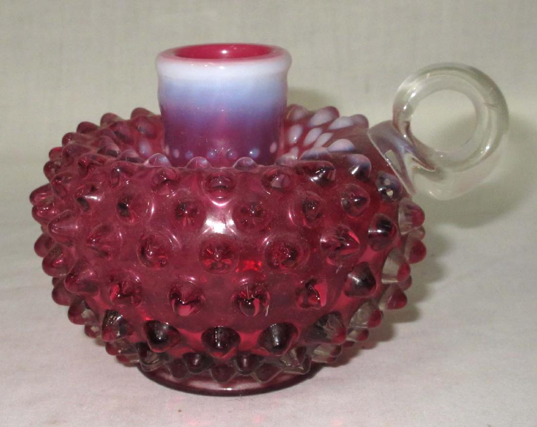 Cranberry Opalescent Candlestick/Bottle: 3 1/2"T x 5"W