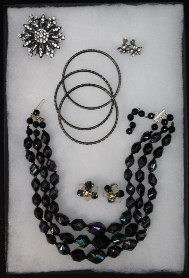 7pc Jewelry, Black Lucite, Rhinestone, AB (1 of 5)