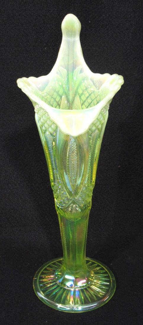 Vaseline Opalescent Jack in Pulpit Vase: 12 1/2"T