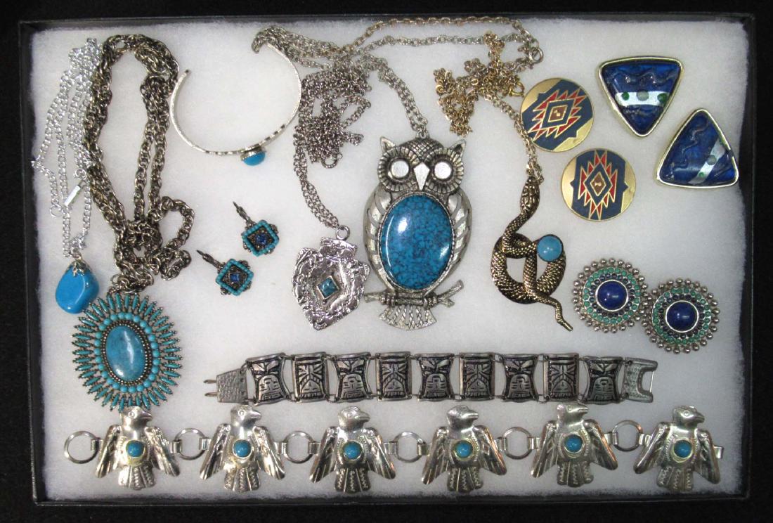 Great Lg. Faux Turquoise/Silvertone 12pc Jewelry: Inc. Cool Snake Pend. Neck.- Molded Bird Choker- Needlepoint Neck.- & so much more