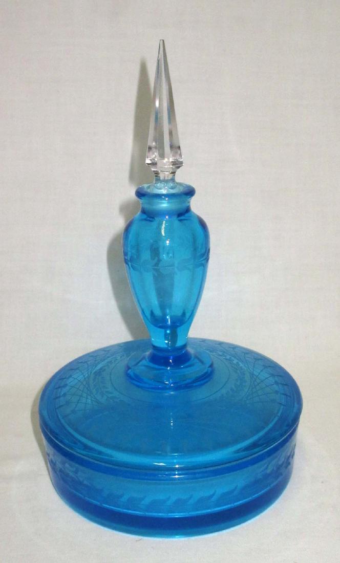 Etched Blue Powder Dish & Perfume Bottle: 7 1/2"T x 5"W