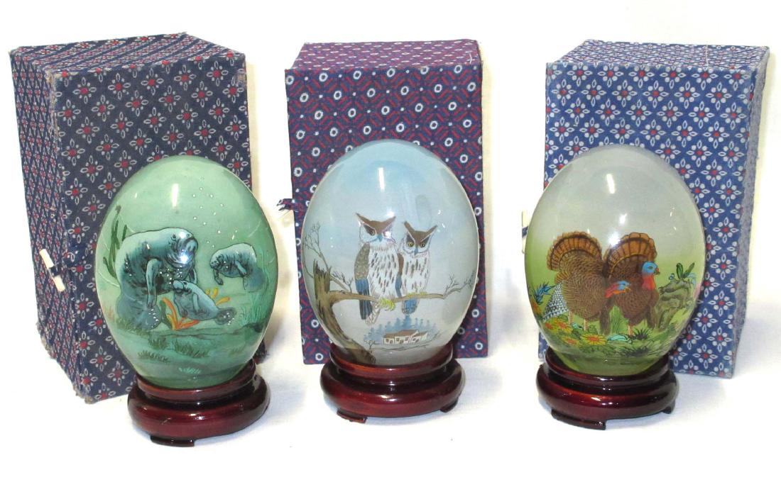 3 Reverse Painted Glass Eggs on Stands (1 of 1)