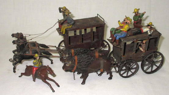 Lot of Lead & Tin Coaches, Cowboys, Etc.: 5"T x 8"L