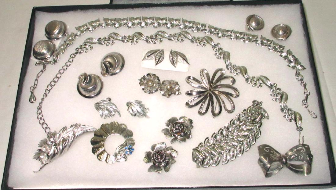 Pretty "Coro" Silvertone 14pc. Jewelry Collection: Inc. 2 Necklaces, 4 Pins and 1 Bracelet, 6 pr.'s of Earrings