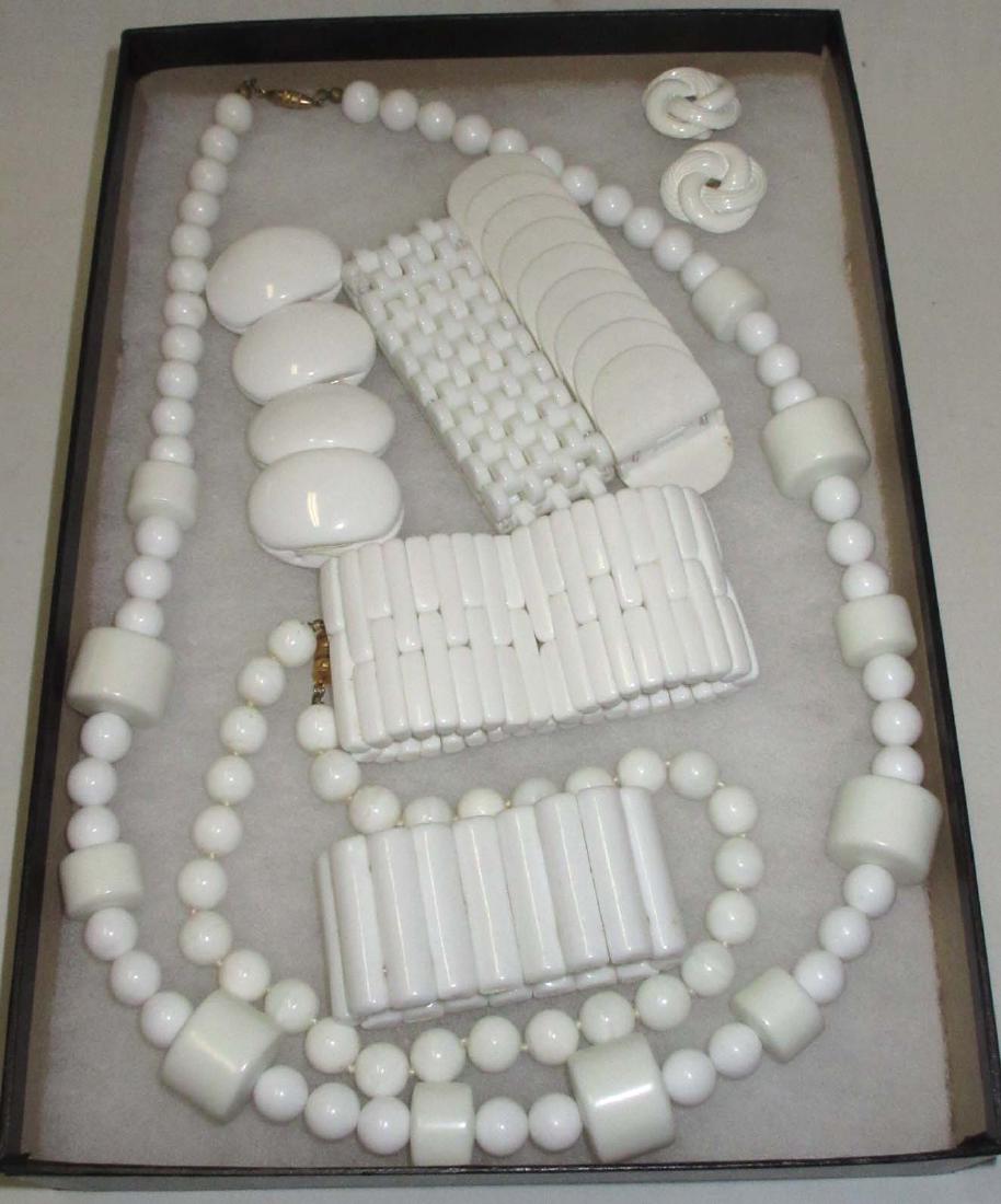 1980's White Lucite Bold Jewelry Collection. 8pc.: Inc. 28" Necklace, H.T.'d Glass Bead Choker, 5 WIDE Bracelets and 1pr. Earrings