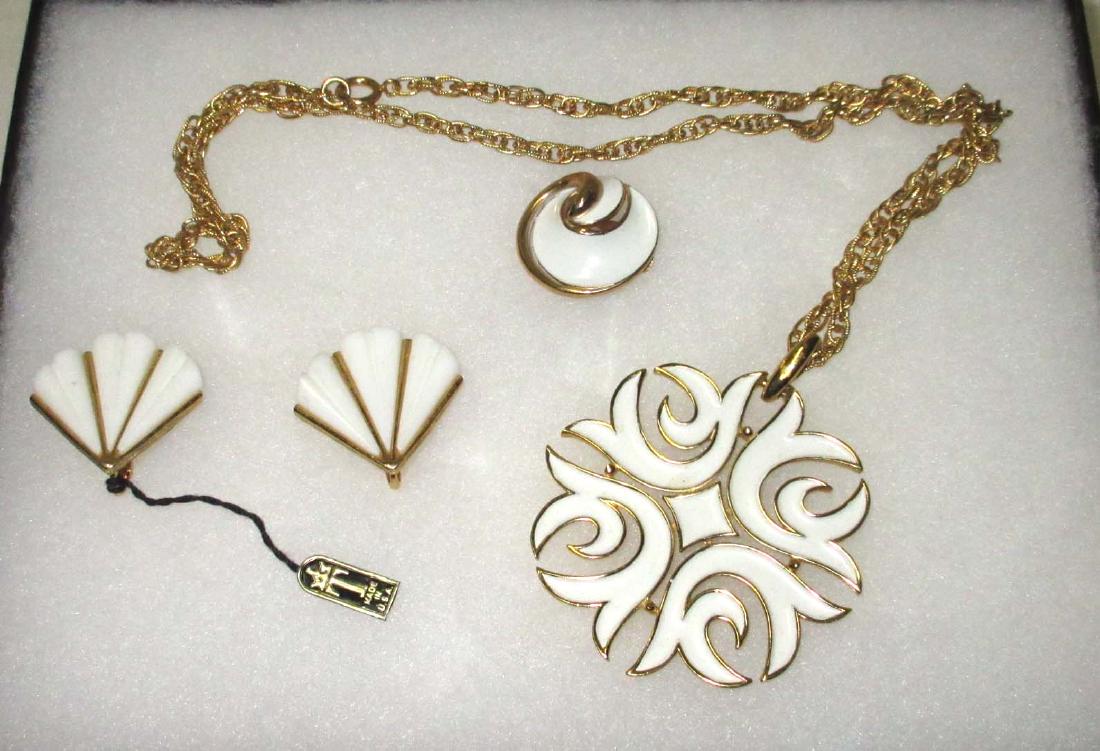1950's "Trifari" Original Tag Earrings + Necklace: Inc. 1950's Tagged Earrings, Enameled Pend. Necklace .+1 Stray Earrings