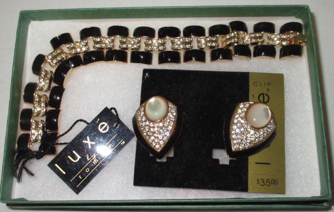 "LUXE" Bracelet & Faux Moonstone Earrings N.O.S.: Inc. Enam./Rhin. Luxe Bracelet & Faux Moonstone Enam. Rhin. Earrings
