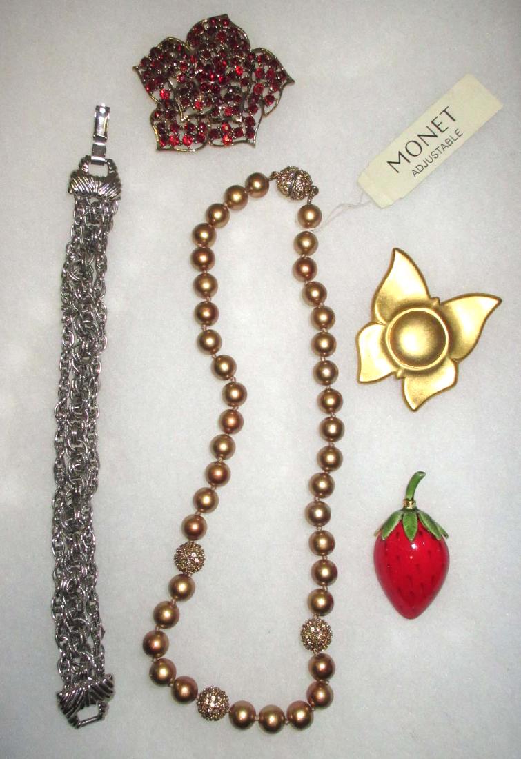 "Monet" 5 Pc. Rhinestone & More: Inc. N.O.S. Goldtone & Rhin. Embedded Bead Choker, Enameled Pin, Red Rhin. Pin, Silvertone Brac. & Goldtone Pin