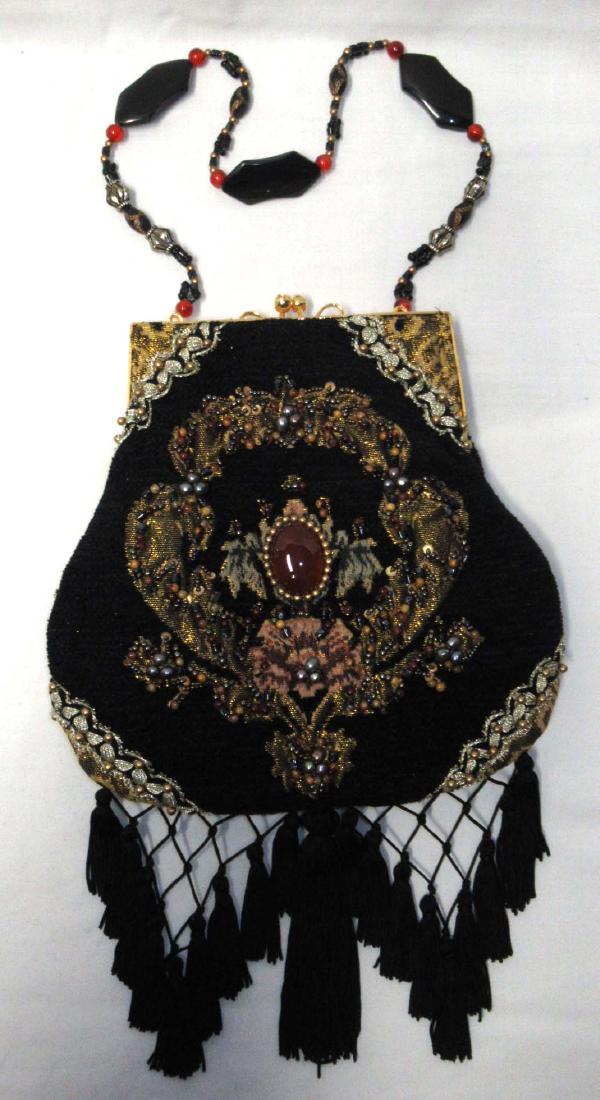 Retro Mary Francis Multi Beaded Bad, Lattice Fringe: 8 1/2"T x 8 1/2"W, Black Lined, Beaded Handle