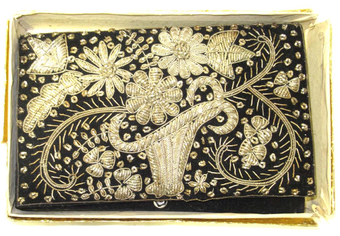 1950's Gorgeous Vintage Detailed Silver Thread Work on: 5" x 8" Clutch, 1950's Book Piece, Handbags by Roseann Ettinger, Made in India, Original Gift Box,Vintage Detailed Silver Thread Work on Black Velvet, Front Snap, Back Handstrap
