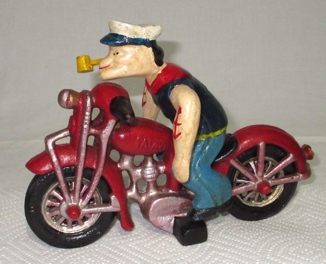 Modern Cast Iron Popeye on Motorcycle Toy: 6 1/2"T x 8"