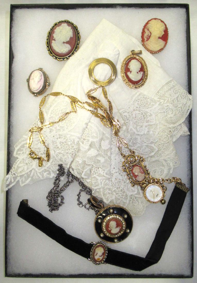 Lovely Lot of 7 Cameo Pin's ,Pendants & Slides: Inc. 2 Cameo Slides, 1 Pin, 1 Pendant, 1 Choker, 1 Cameo Necklace with Watch & 1 Cameo Necklace. Various Materials